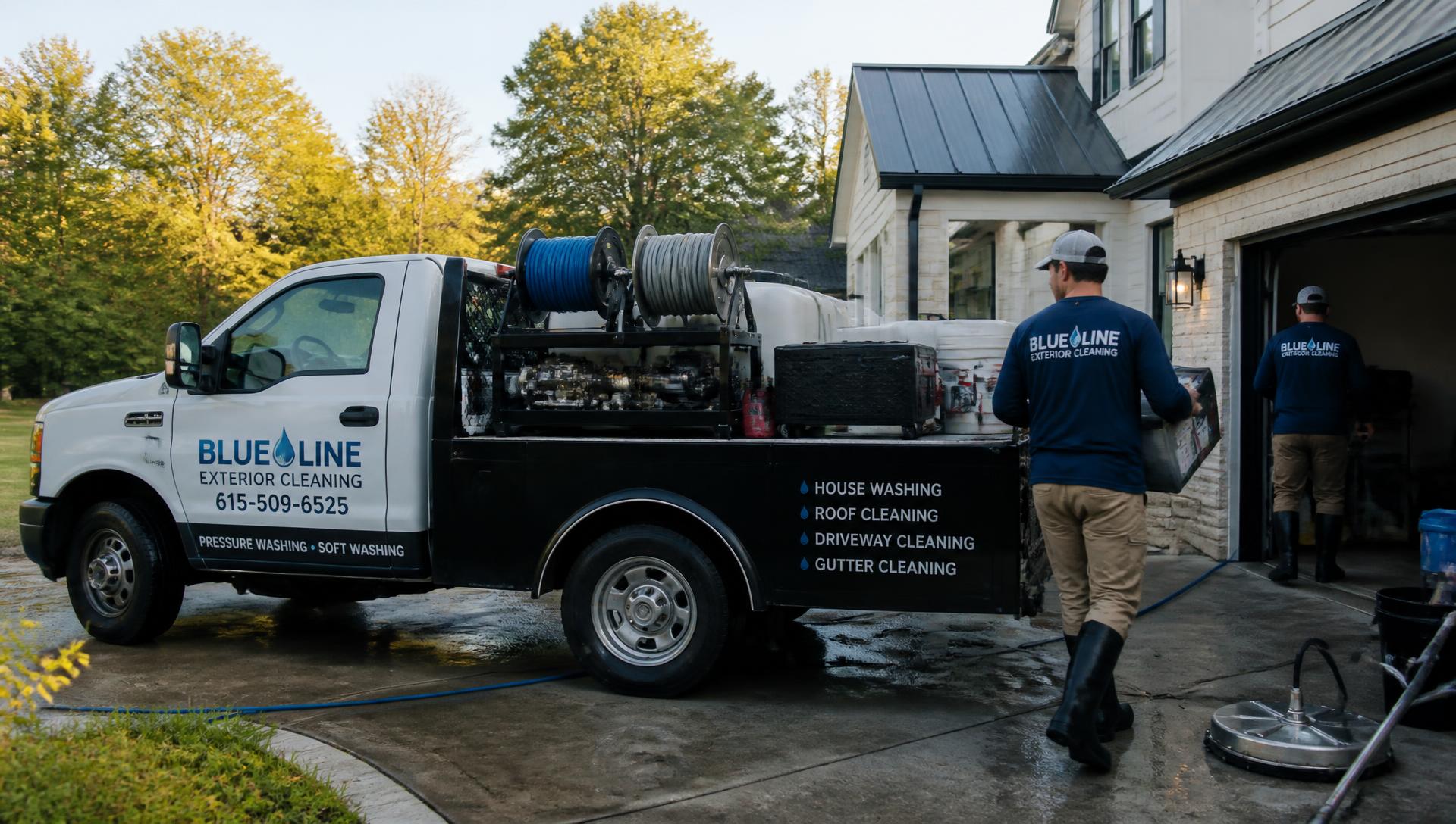 Summit Blast crew and equipment truck outside a Boulder home